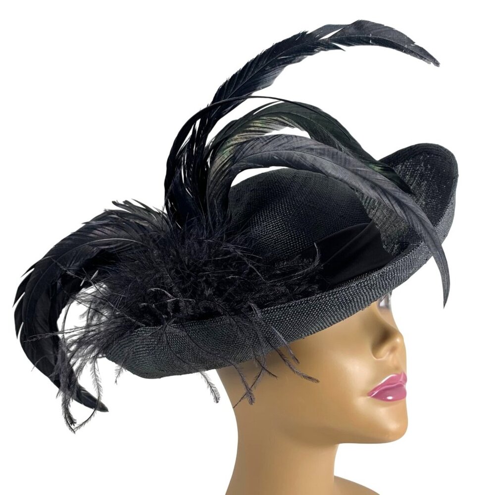VTG Mr Charles Black Straw Hat w/ Elegant Feather Accent Satin Band Fancy Derby